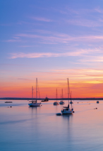 Boats on calm water at sunset